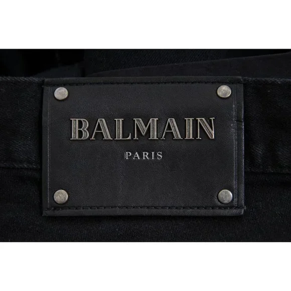 Balmain Mens Skinny Jeans Size 33x34 Black Knee Slashed Stretch Distressed Denim